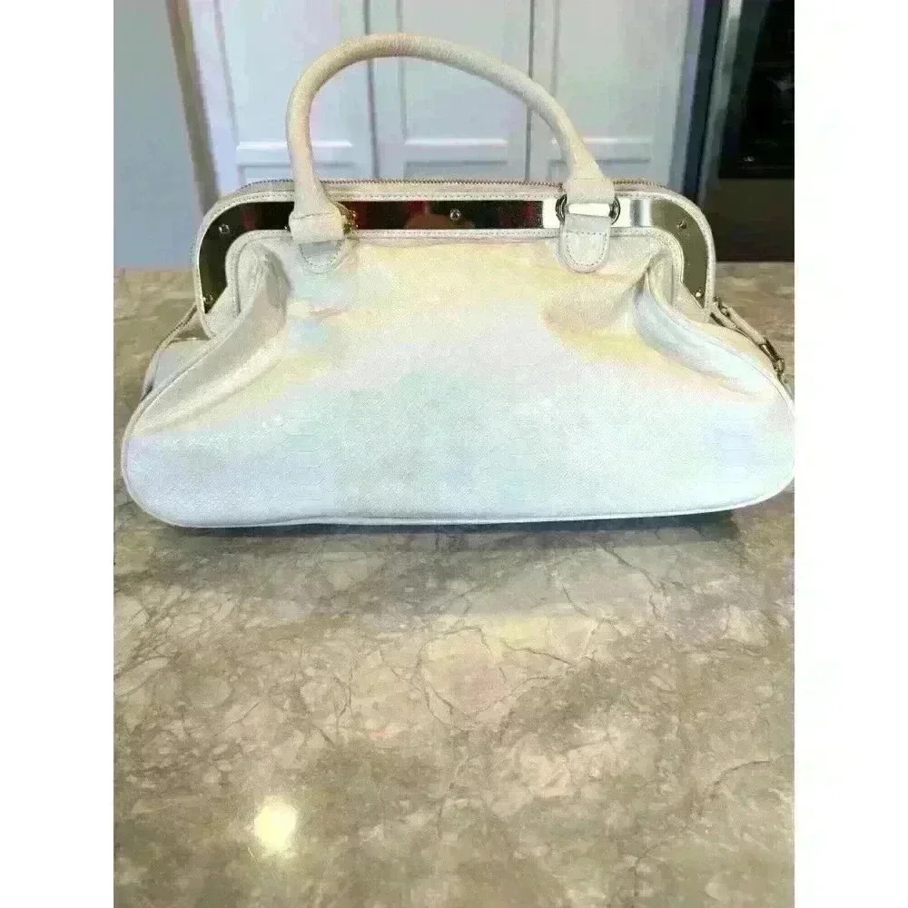 IMAN Women’s White Gold Croc Faux Leather Handbag Satchel Large Size Purse Zip - Picture 2 of 9